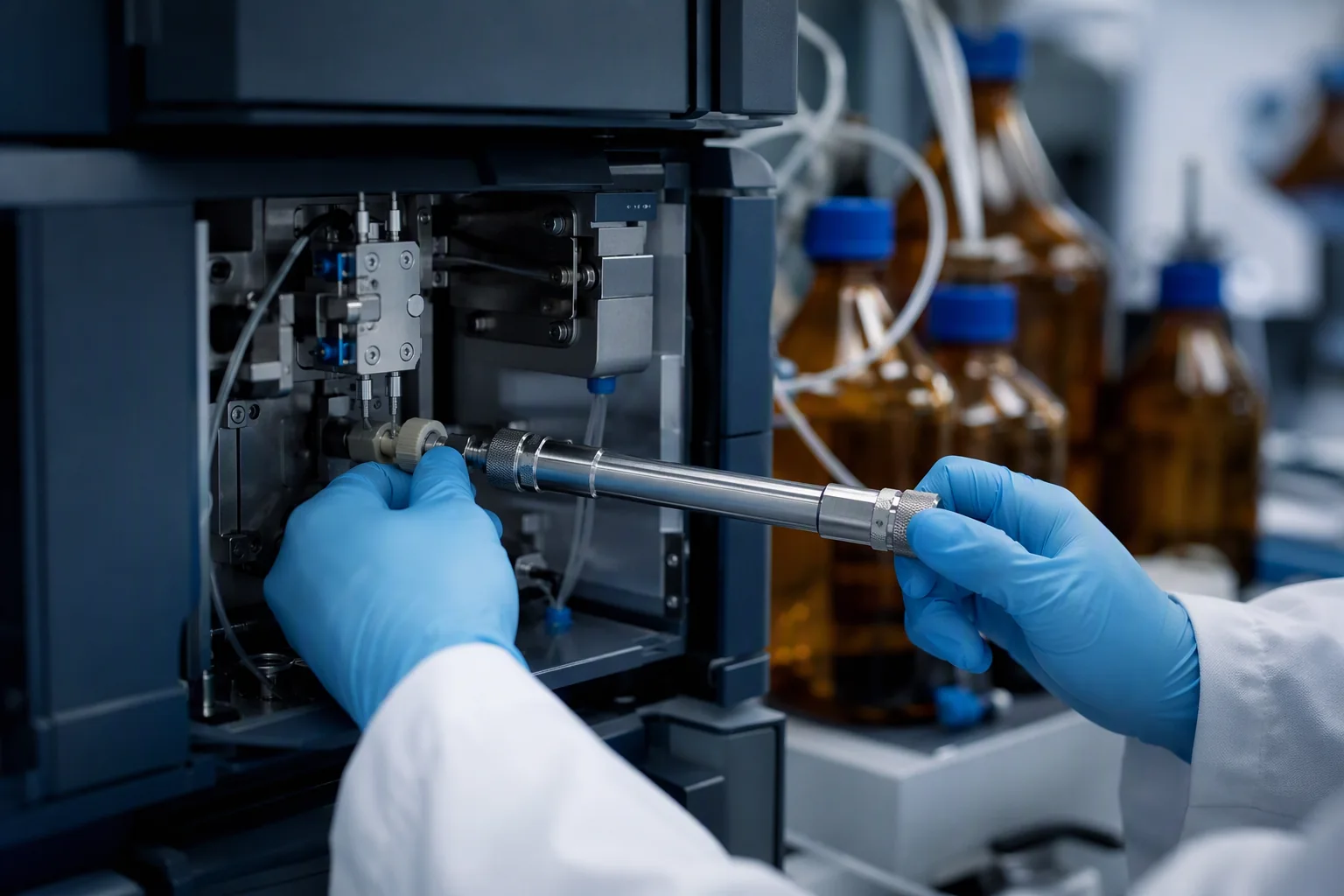 Ilustración de conexión de una columna HPLC