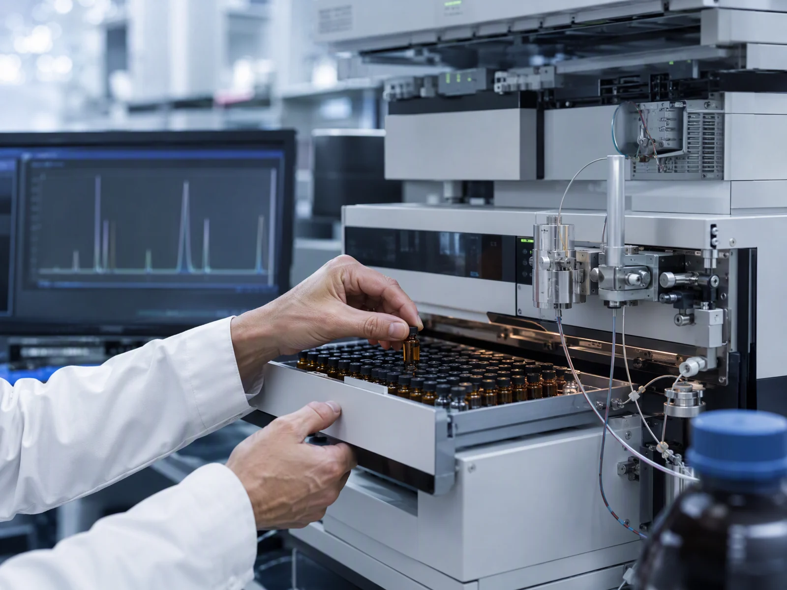 Ilustración de trabajo con viales en un sistema HPLC